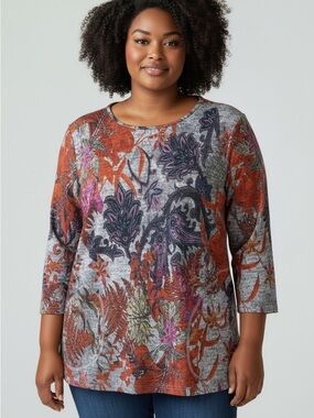 Papillon Blanc  Rust, Gray and Purple Paisley Floral Long Sleeve Top, Pockets